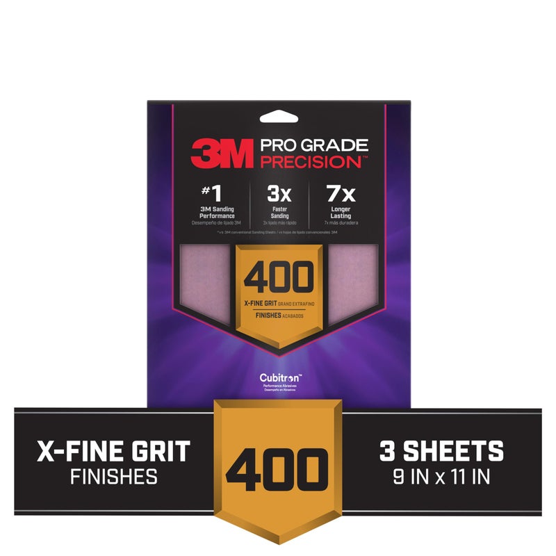 3M SHR400-PGP-3T Pro Grade Precision Faster Sanding, Sanding Sheets, 400-Grit Extra-Fine, 9"" x 11"", 3-Pack - Image 2